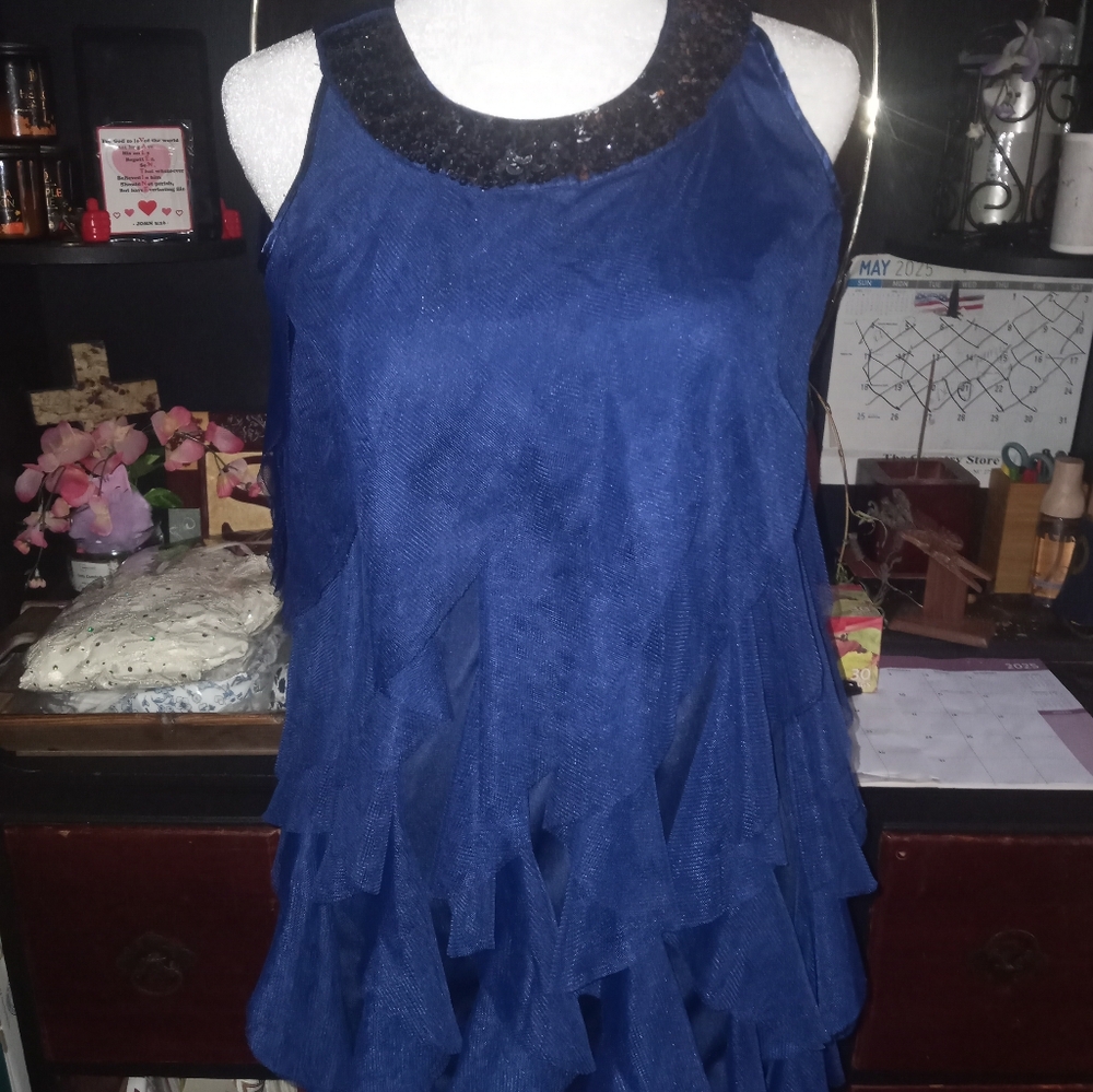 Place 89 Blue Asymmetrical Ruffled Tool Blouse Size 12